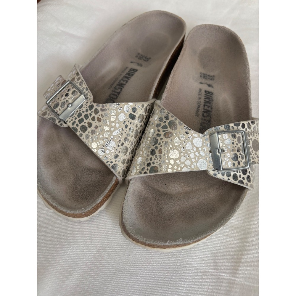 Birkenstock Madrid Silver Metallic Leopard Print Slide Sandals Womens EU39 W8 M6